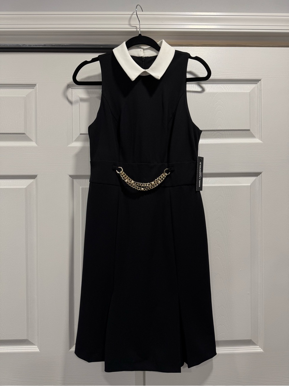 Karl Lagerfeld Black Sleeveless Dress with White Collar and Gold Chain Accent